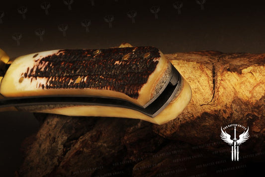 Damascus steel Push Button Stag Handle Folding Knife in Wooden Box. Pro1705