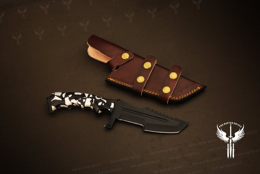 Handmade D2 steel Tanto Fixed Knife with Grooved Spine & Two-Color Resin Handle. Pro1708