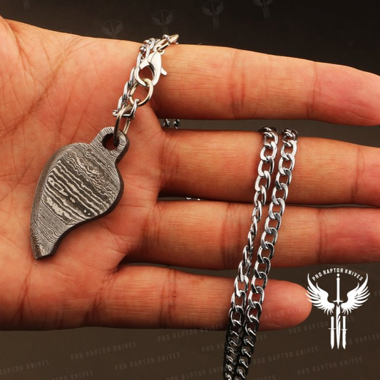 Handmade Damascus steel Leaf shaped Pendant Packed in Wooden Gift Box. Pro1841