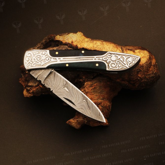 Handmade Damascus steel Micarta Handle Folding Knife Wooden Box. Pro1703