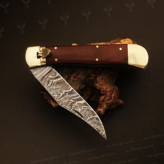 Damascus steel Push Button Folding Knife with Micarta Handle. in Wooden Box. Pro1704