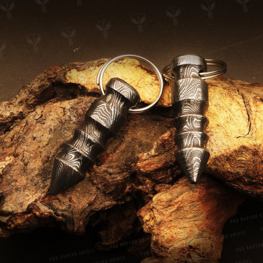 Handmade Damascus steel Multi Thread Bullet Keychain in Wooden Box. Pro1730