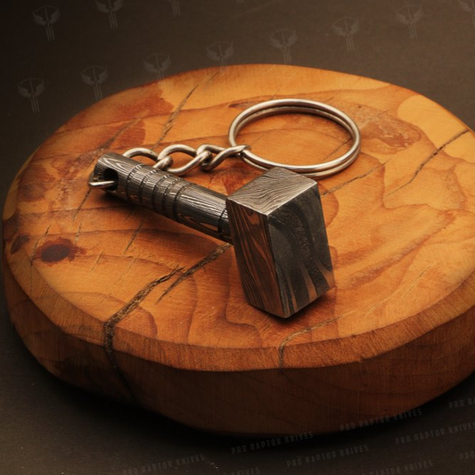 Handmade Damascus steel Thor Shape Hammer Keychain in Wooden Box. Pro1731