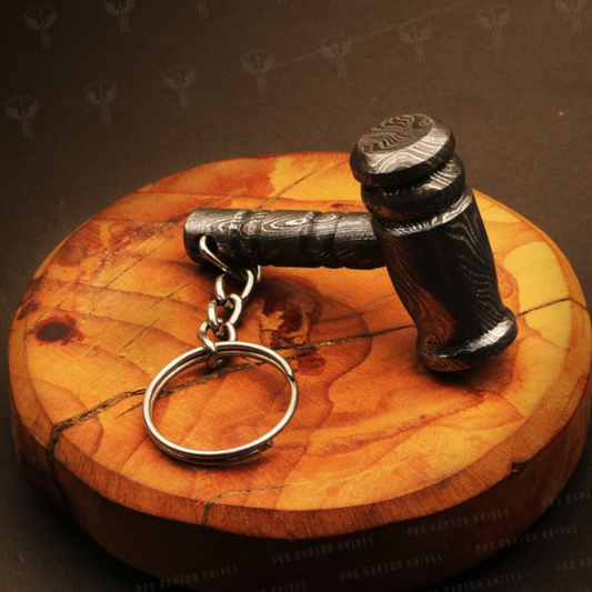 Handmade Damascus steel Round Shape Thor Hammer Keychain in wooden Box. Pro1733