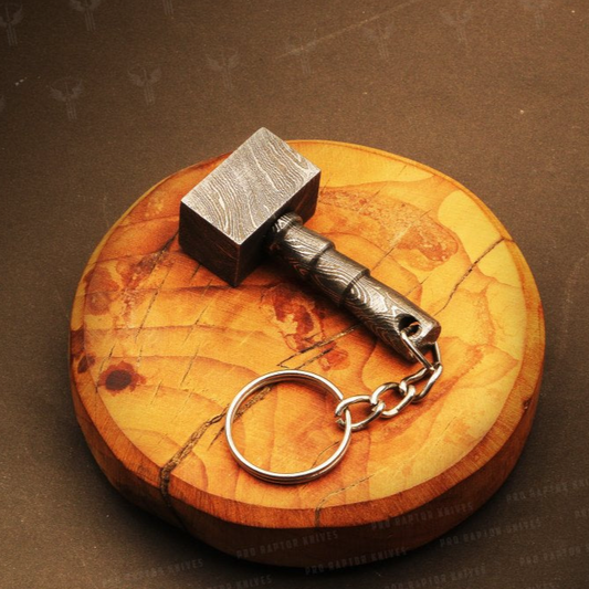 Handmade Damascus steel Thor Hammer Shape Keychain in Wooden Box. Pro1736