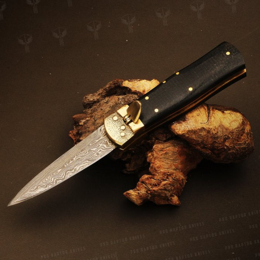 Handmade Damascus steel Push Button & Black Micarta Folding Knife in Wooden Box. Pro1701