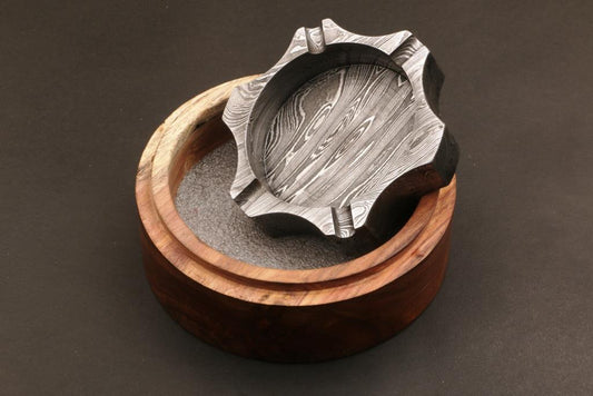 Unique Handmade Damascus steel Ashtray in Edge Design with Rose Wood Box. Pro7001