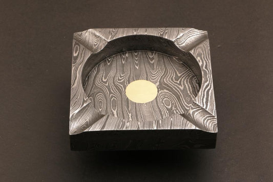 Handmade Damascus Steel Square Shape Cigar Ashtray in Rose Wood Box. Pro7003