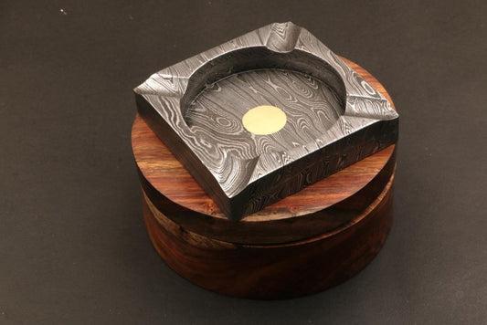 Handmade Damascus Steel Square Shape Cigar Ashtray in Rose Wood Box. Pro7003