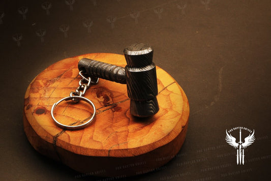 Handmade Damascus steel Gavel shape Hammer Keychain in Wooden Box. Pro1732