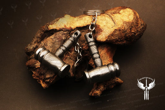 Handmade Damascus steel Round Shape Thor Hammer Keychain in wooden Box. Pro1733
