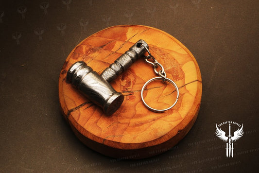 Handmade Damascus steel Round Shape Thor Hammer Keychain in wooden Box. Pro1733