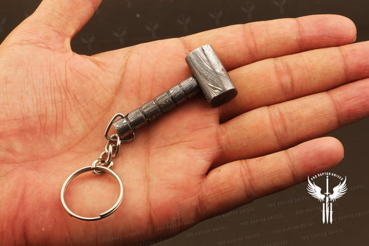 Handmade Damascus steel Edgeless Hammer Shape Keychain in Wooden Box. Pro1735