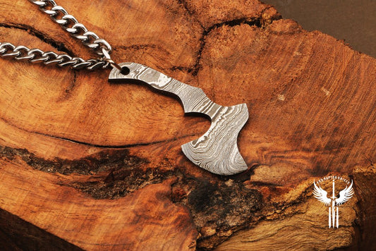 Damascus steel Axe Shaped Pedant Packed in Ash wood Gift Box. Pro1843