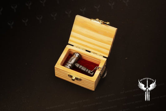 Handmade Damascus steel Round Shape Thor Hammer Keychain in wooden Box. Pro1733