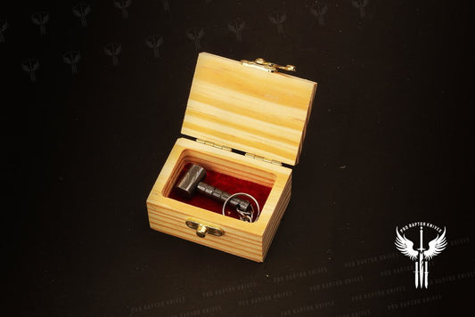 Handmade Damascus steel Edgeless Hammer Shape Keychain in Wooden Box. Pro1735