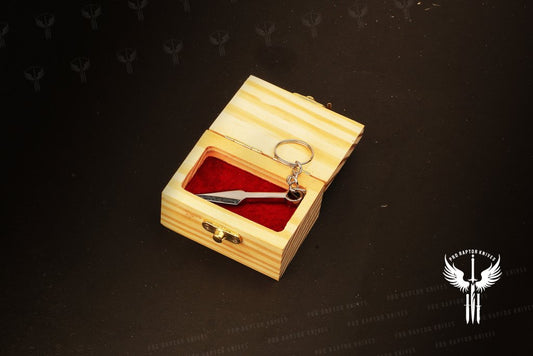 Handmade D2 steel Dagger Shaped Keychain in Wooden Box. Pro1737