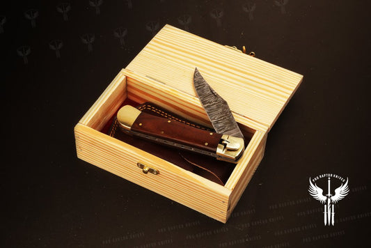 Damascus steel Push Button Folding Knife with Micarta Handle. in Wooden Box. Pro1704