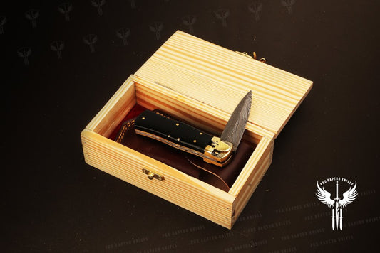Handmade Damascus steel Push Button & Black Micarta Folding Knife in Wooden Box. Pro1701