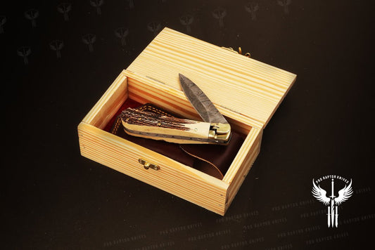 Damascus steel Push Button Stag Handle Folding Knife in Wooden Box. Pro1705