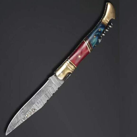 Handmade Damascus Steel Dollar Sheet Slim Handle Knife with Bottle Cork Opener. Pro1457