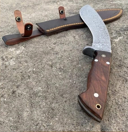Handmade Damascus Steel Hunting Kukri Knife With Dark Wood Handle. Pro1450