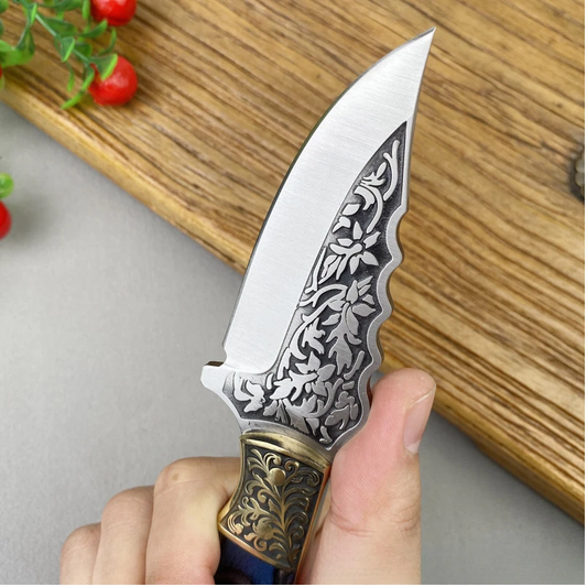 Handmade Etching Blade Skinner Knife – Blue Dollar Sheet Handle & Brass Carving Bolster. Pro-Tenace6065