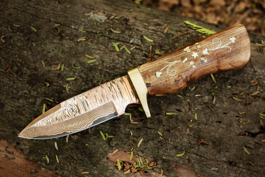 Handmade Copper Damascus Ladder Pattern Skinner Knife with Embroidered Wood Handle. Pro1604