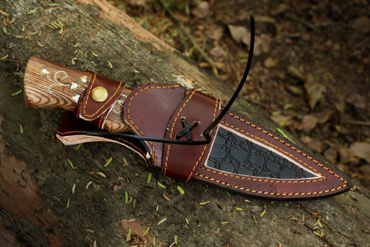 Handmade Copper Damascus Ladder Pattern Skinner Knife with Embroidered Wood Handle. Pro1604