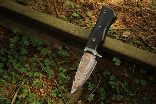 Handmade Copper Damascus Steel Gut Hook Skinner Knife with Damascus Guard and Micarta Handle. Pro1603