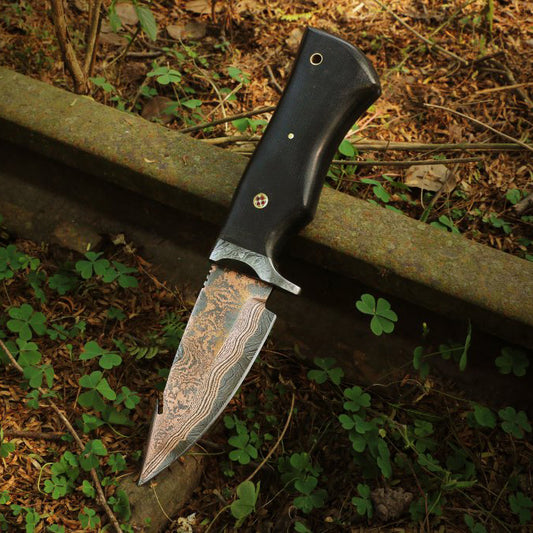 Handmade Copper Damascus Steel Gut Hook Skinner Knife with Damascus Guard and Micarta Handle. Pro1603