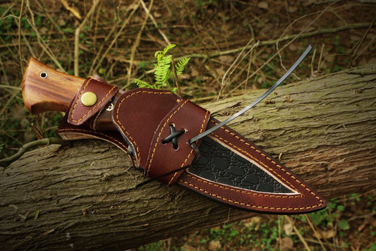 Handmade Copper Damascus Steel Gut Hook Skinner Knife with Mosaic on Handle. Pro1602