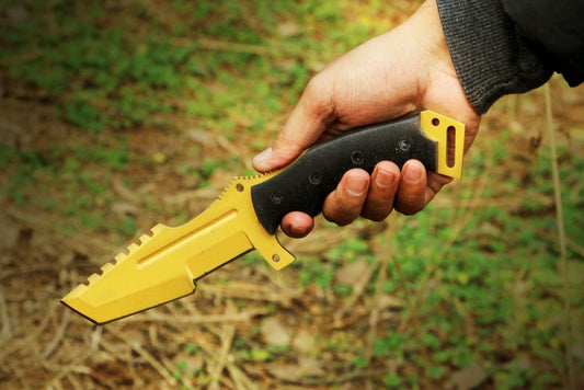 Handmade Gold Coated Coated Tanto Knife wit Thumb Ramp and Micarta Handle. Pro1848