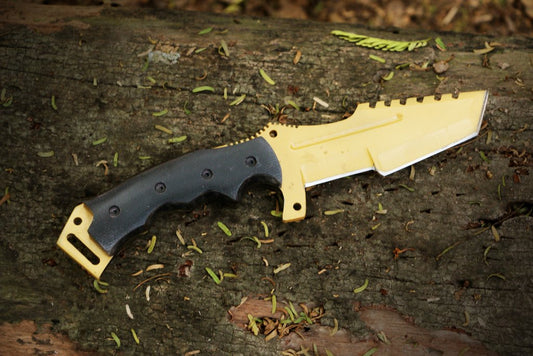 Handmade Gold Coated Coated Tanto Knife wit Thumb Ramp and Micarta Handle. Pro1848