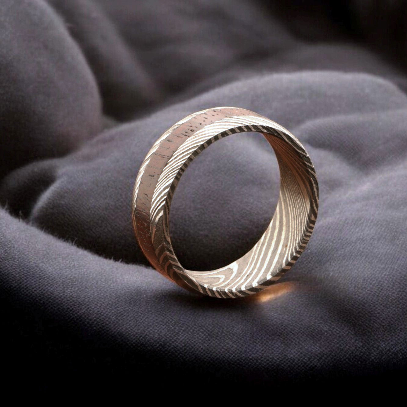 Damascus Steel Ring with Dark Wood Inlay between Edges Packed in Special Box.Pro7015