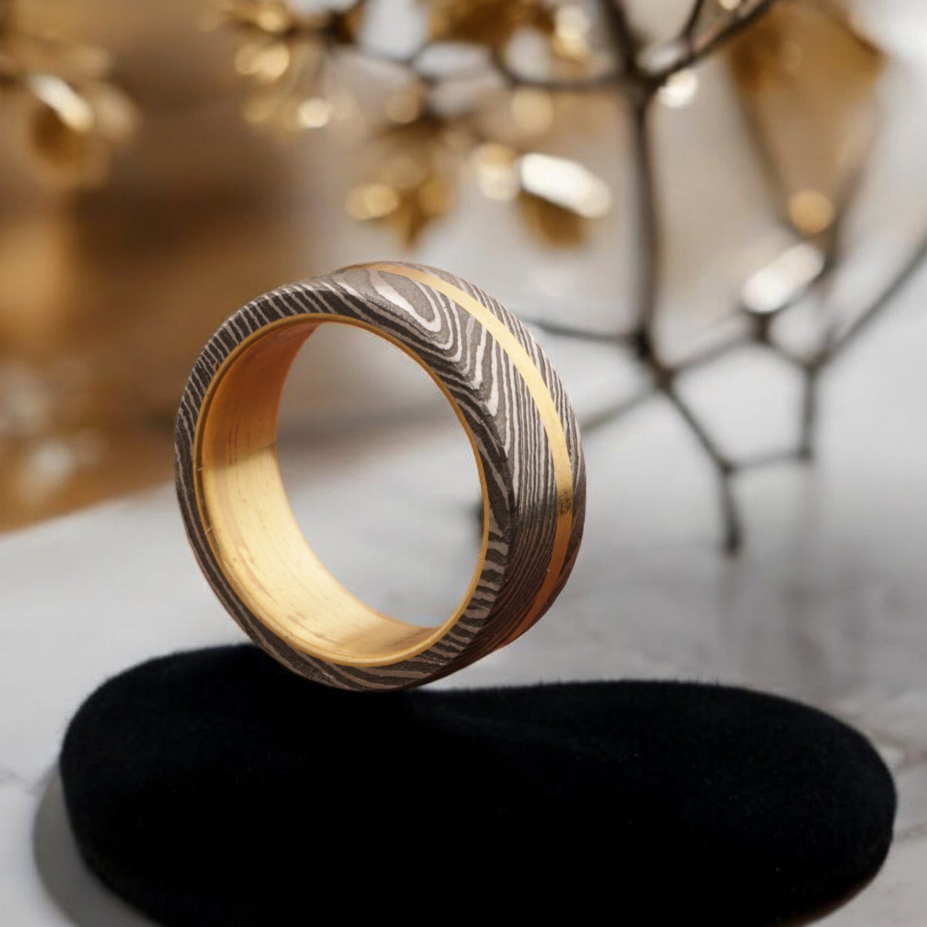 Fascinating Damascus steel Brass Side Edge Line Ring Packed in Special Box. Pro7014