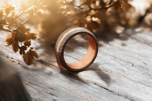 Brass Barrel Damascus Steel Ring with Embedded Brass Line.Pro7017