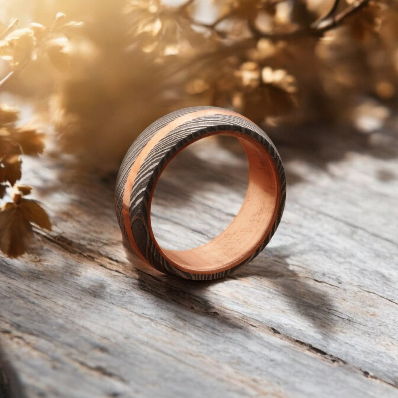 Brass Barrel Damascus Steel Ring with Embedded Brass Line.Pro7017