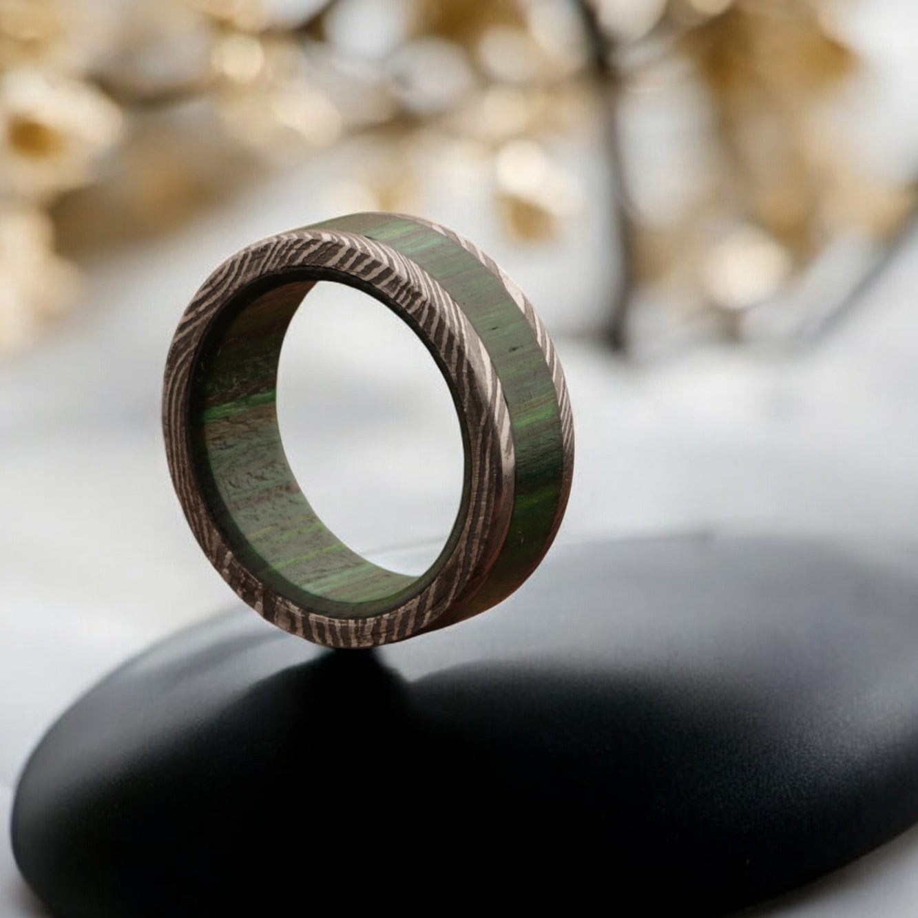 Enchant Damascus steel Wooden Filler Ring with Wood Inlay Packed in Special Box. Pro7012