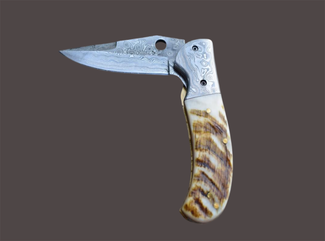 Handmade Damascus Steel Pocket Knife with Lamb Horn Handle. Free Engraving and USA Shipping.  Pro-Vigoroso1472