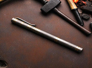 Handmade Damascus Steel & Contrast Brass Rings on Ballpoint Pen Barrel with Pocket Clipper. Free Engraving and USA Shipping. Pro-Regalo7009