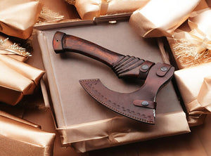 Best Professional Handmade Carbon Steel Lion etched Long Edge Pizza Cutter Axe with Dark Wood Handle. Free Engraving and USA Shipping. Pro-Bello5556