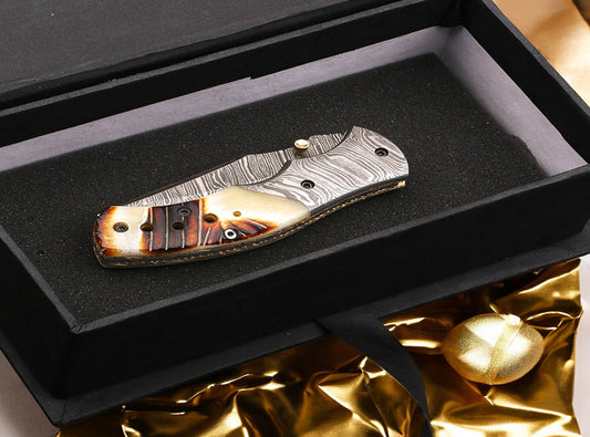 Handmade Damascus Steel Folding Knife with Engraved Resin Handle. Pro1481
