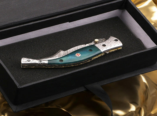 Handmade Damascus Steel Fish Tail Shape Folding Knife with Engraved Bolster and Pommel. Pro1476