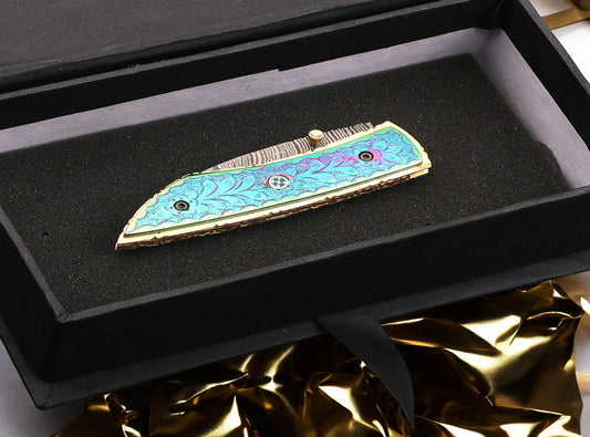 Handmade Damascus Steel Folding Knife with Engraved Dual Shade D2 Steel Handle. Pro1915