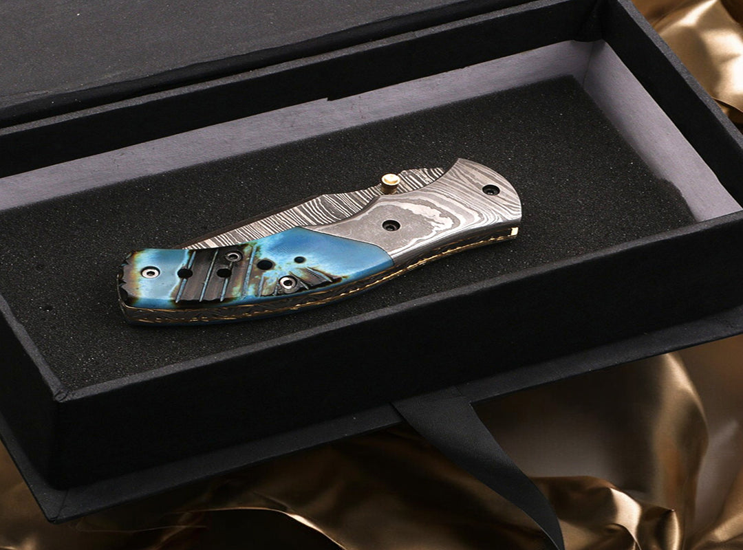 Handmade Damascus Steel Bone Handle Folding Knife with Damascus Bolster. Free engraving and USA Shipping.  Pro-Vigoroso1451