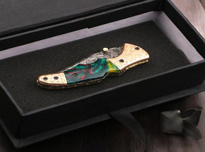 Handmade Damascus Steel  and Tie & Dye Resin Handle Folding Knife with Engraved Bolster.  Free Engraving and USA Shipping.  Pro-Vigoroso1471
