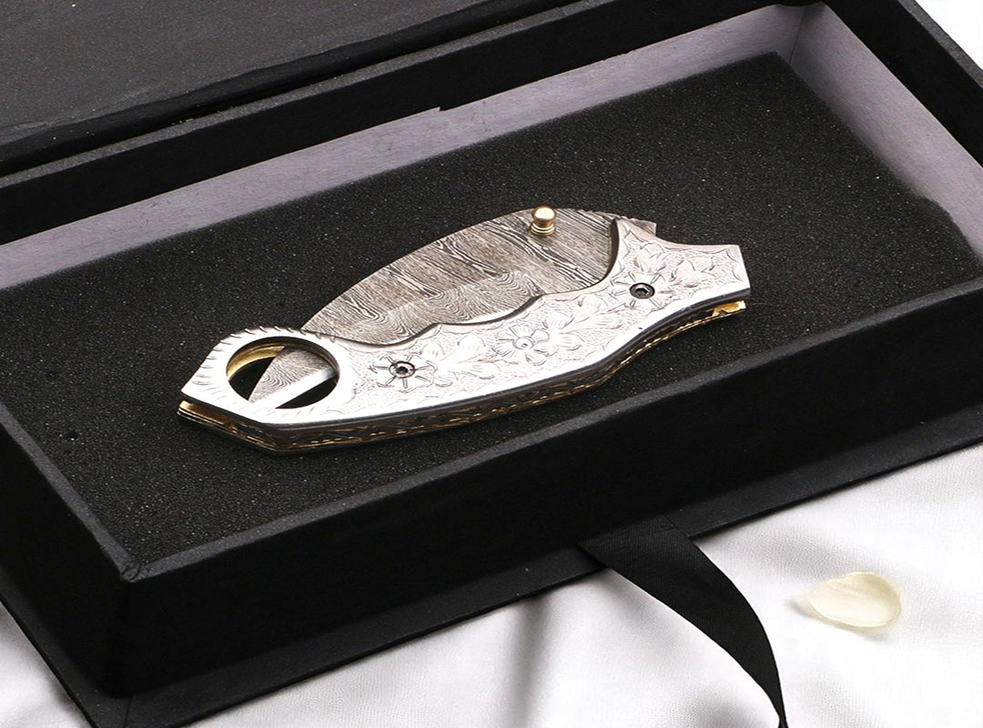 Handmade Damascus Steel Hunting Folding Karambit Claw knife with Engraved Steel Handle. Free Engraving and USA Shipping. Pro-Vigoroso1920