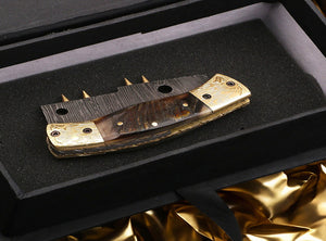 Damascus Etched Cleaver Blade Folding Knife with Spine Rivets. Free Engraving and USA Shipping. Pro-Vigoroso1921