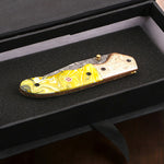 Handmade Damascus Steel Folding Knife with engraved Bolster and Resin Handle. Free Engraving and USA Shipping. Pro-Vigoroso1916